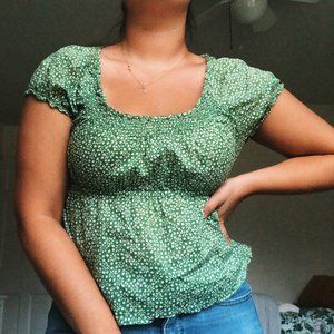 SOLD Green Tiny White Floral Print Cinch Waist Top